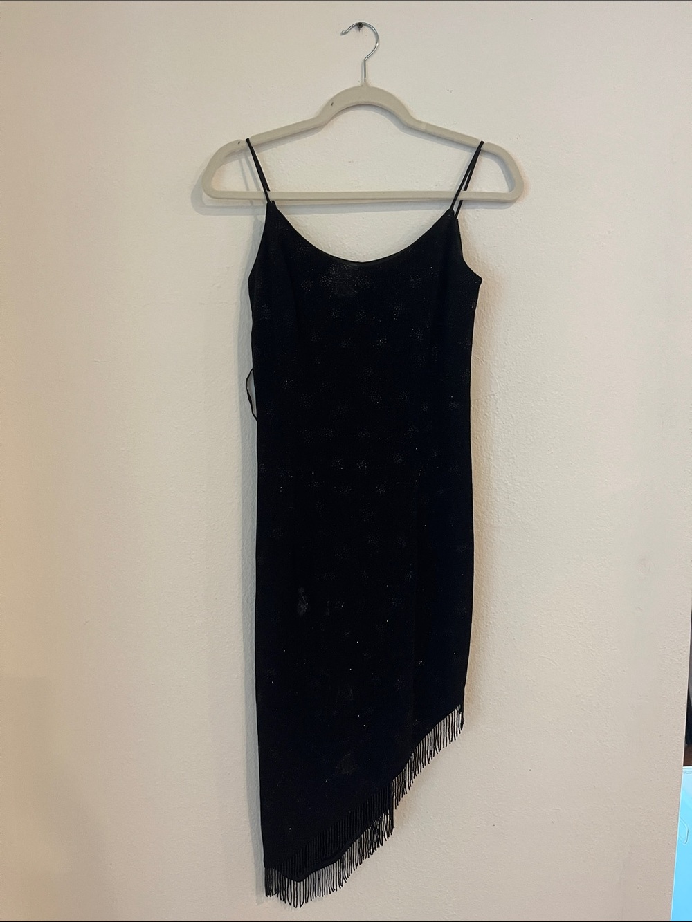 Black Asymmetrical Slip Dress with Fringe